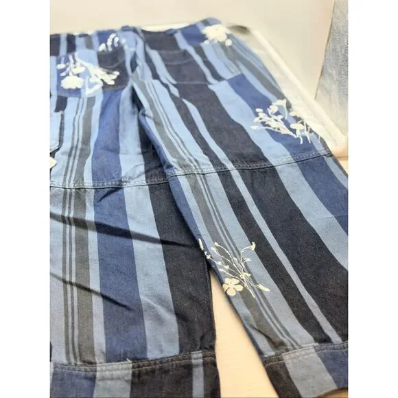 We the Free Free People Women's XS Black Blue Striped Cropped Floral Jeans - Picture 4 of 9
